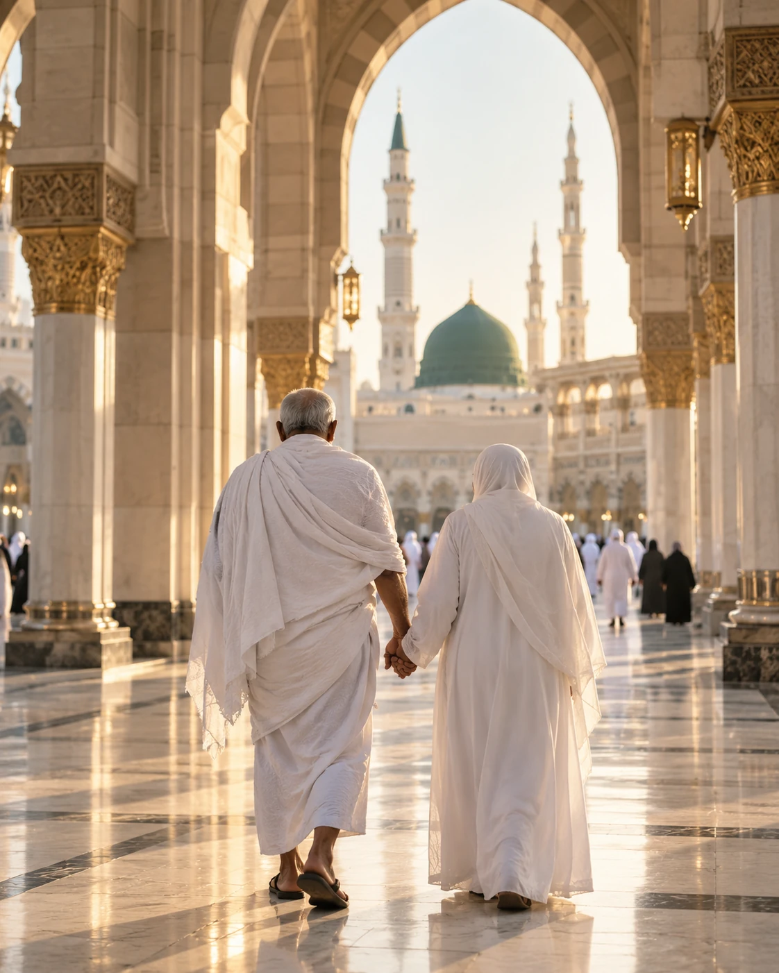 An elderly couple seen from behind walking hand in hand through a marble colonnade