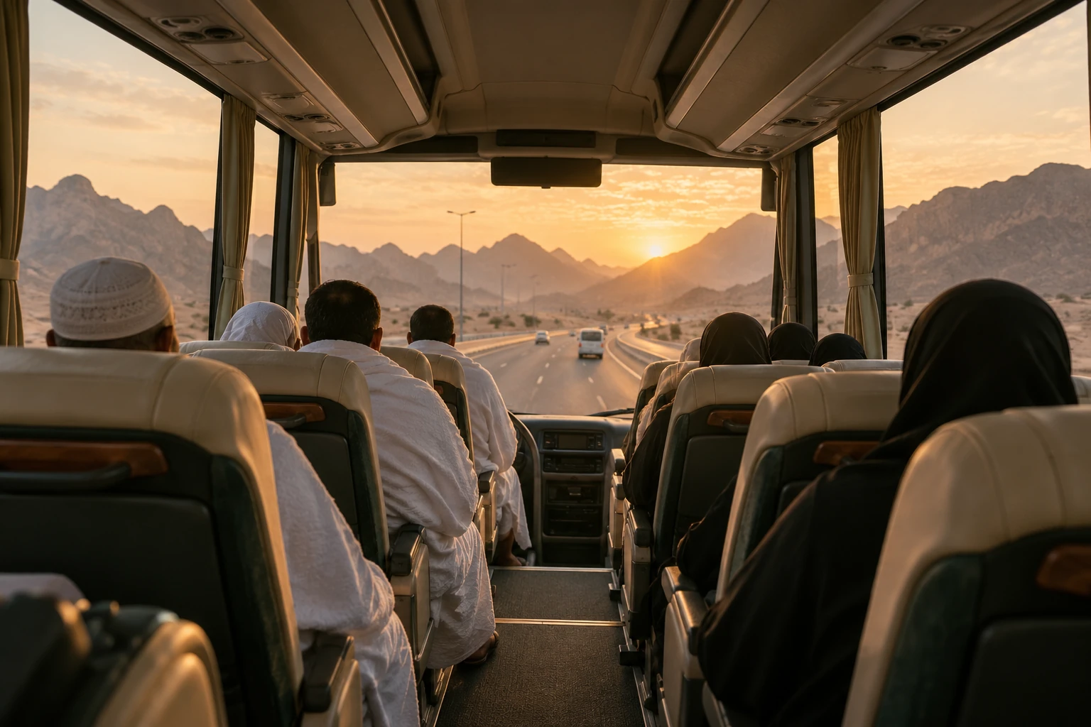 The desert landscape seen through a bus window at dawn