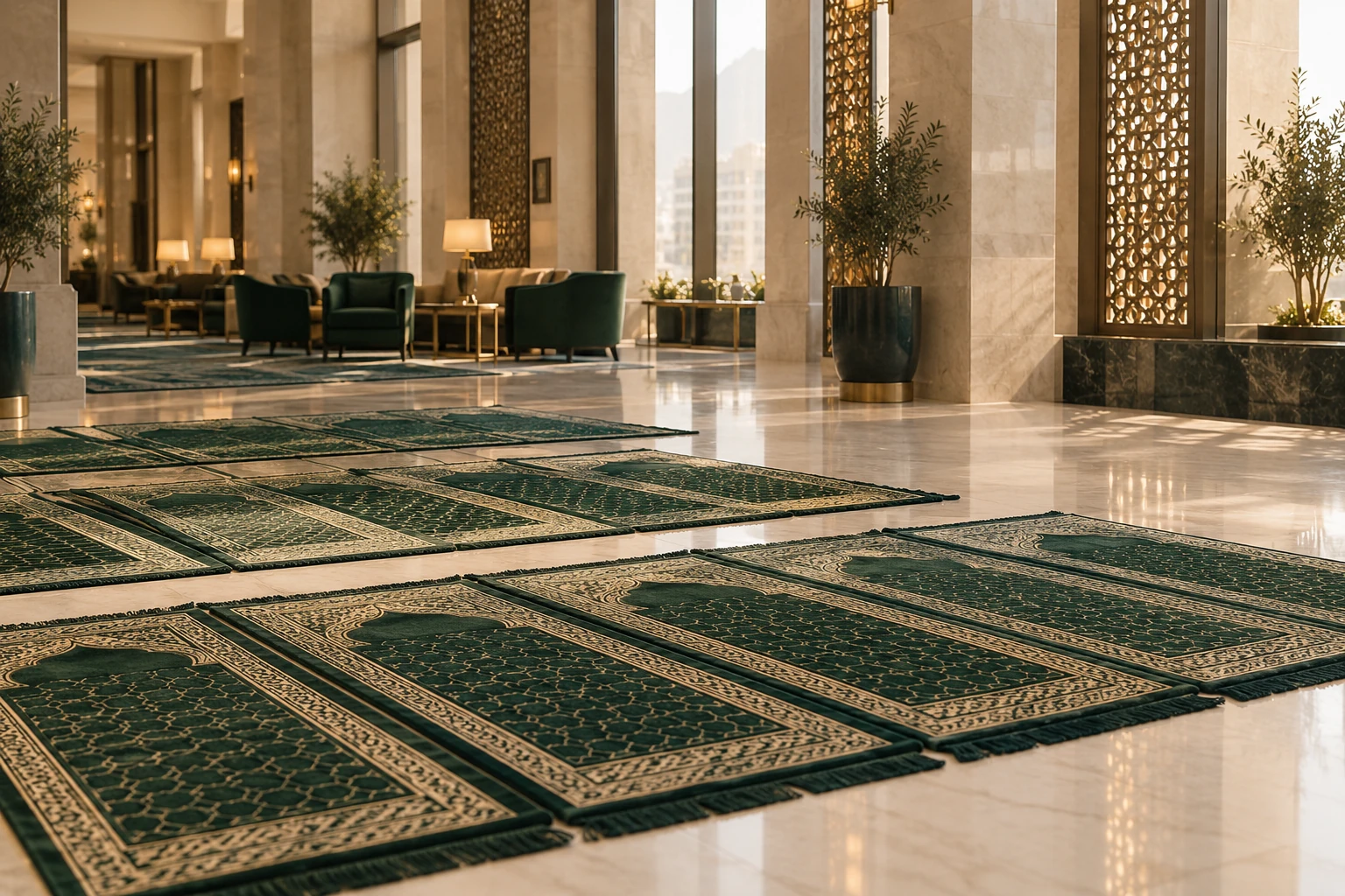 Prayer mats arranged in an ivory hotel lobby